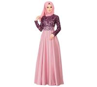 Générique Robe musulmane à manches longues et coutures en dentelle de couleur unie pour femmes, style ethnique du Moyen-Orient Unique