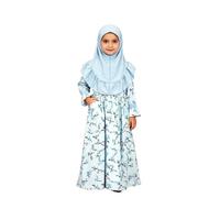 Générique Robe Musulmane Fille Manches Longues Imprime Fleur Bleu Longue Hijab Voile Abaya Tenue Soiree Traditionnelle 3-8 Ans(Blue, 3-4 Years)