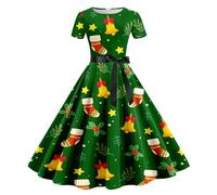 Générique Robe Noel Femme Chic,Robe De SoiréE à Manches Courtes Imprimé NoëL Style AnnéEs 1950 (Light Green S)