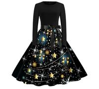Générique Robe Noel Femme Robe De Noel Chic Et Elegant Manches Longues De Soiree Cocktail Imprimées Noël 1950er Swing Hepburn Noël Rockabilly Vintage Christmas Dress Costume Père