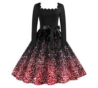 Générique Robe Noël Femme - Robe de thé Classique de Noël pour Femmes Robe à Manches Longues avec Ceinture Robe de Cocktail trapèze (Watermelon Red M)