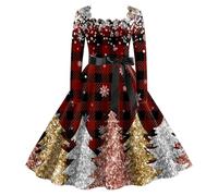 Générique Robe Noël Femme - Robe Noël Robe de thé Classique de Noël pour Femmes Robe à Manches Longues avec Ceinture Robe de Cocktail trapèze (XXL)