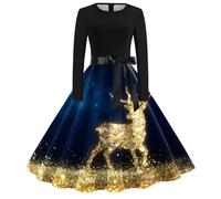 Générique Robe Noel,Robe à Manches Longues Col Rond NoëL AnnéEs 1950 Foyer SoiréE Bal FêTe Robe De Plage (Dark Blue M)