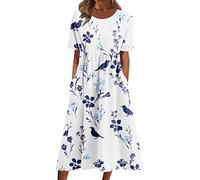 Générique Robe Noire Droite Femmes Boho Robe À Manches Courtes O Cou Poche Robe Casual Imprimer Courte Robe À Col du Cou Robes De Printemps (White, XXL)