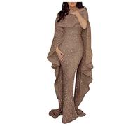 Générique Robe Paillettes Femme Grande Taille,Robe Pleine avec Cape Manches Courtes Solide Sexy Sequin Sling Longue Couleur Robe (Khaki, S)