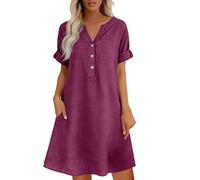 Générique Robe Pastel Robe Chemise Femme Ete Lin Coton Chic Elegant Tunique Manches Courtes Ample Casuel Couleur Unie avec Boutons Col V De Plage pour FêTe Vacances Casual Dress