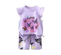 Générique Robe Petite Fille Ensemble deux pièces confortable respirant short manches courtes imprimé dessin animé mignon Tee Shirt Fille léger doux casual (Dark Purple, 18-24 Months)