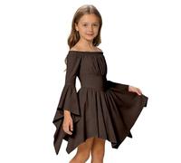 Générique Robe Pirate pour Fille Manches Evasées Robe avec Volants et Epaules Classique Couleur Unie Médiéval Victorien Pirate Robes Décontracté Confortable Robes pour La Vie Quotidienne