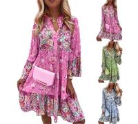 Générique Robe Polka Dot Col V Lâche Manches 3/4 Imprimé Mi-Longue Robe Décontracté Manche Courte Robes Ete Plage Robe Femme Sexy Chic Léopard Robe de Plage Bohème Élégant Robe