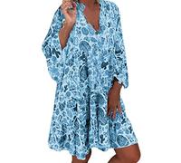 Générique Robe Polka Dot Col V Lâche Manches 3/4 Imprimé Mi-Longue Robe Décontracté Manche Courte Robes Ete Plage Robe Femme Sexy Chic Léopard Robe de Plage Bohème Élégant Robe