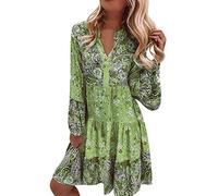 Générique Robe Polka Dot Col V Lâche Manches 3/4 Imprimé Mi-Longue Robe Décontracté Manche Courte Robes Ete Plage Robe Femme Sexy Chic Léopard Robe de Plage Bohème Élégant Robe (Vert, L)