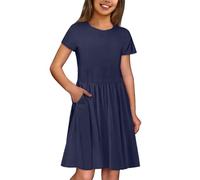 Générique Robe pour Fille à Manches Courtes et col Rond - Robe décontractée - Robe d'été Unie - Élégante Robe de fête d'anniversaire de Mariage
