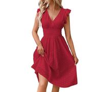 Générique Robe pour Mariage Invité - Robe Femme Chic et Elegant ete Col V Manches Courtes Empire Mini A-Line Legere Fluide Taille Haute Casual pour Fete Plage Bal Mariage Soiree, Robes des Femmes
