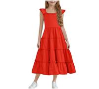 Générique Robe Princesse Fille Été Vêtements Élégant Robes Couleur Unie Haut Décontracté Manches à Volants Dress Mode Vêtement A-Ligne Robe Mi-Longue Funky Hauts Mes Commandes Rouge, 9 Ans