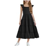 Générique Robe Princesse Fille Été Vêtements Élégant Robes Couleur Unie Haut Décontracté Manches à Volants Dress Mode Vêtement A-Ligne Robe Mi-Longue Funky Hauts Commandes en Cours Noir, 7 Ans