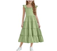Générique Robe Princesse Fille Été Vêtements Élégant Robes Couleur Unie Haut Décontracté Manches à Volants Dress Mode Vêtement A-Ligne Robe Mi-Longue Funky Hauts Mes Commandes Vert, 9 Ans