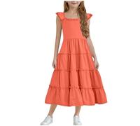 Générique Robe Princesse Fille Été Vêtements Élégant Robes Couleur Unie Haut Décontracté Manches à Volants Dress Mode Vêtement A-Ligne Robe Mi-Longue Funky Hauts Mes Commandes Orange, 3 Ans