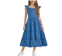 Générique Robe Princesse Fille Été Vêtements Élégant Robes Couleur Unie Haut Décontracté Manches à Volants Dress Mode Vêtement A-Ligne Robe Mi-Longue Funky Hauts Mes Commandes Bleu, 9 Ans