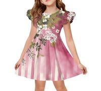 Générique Robe printanière à Manches Papillons - Col Rond et Jupe à Effets d'insertions, Coupe A-Line à Motif ludique.(1-Rose,7-8 Ans)