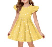 Générique Robe Printemps-été Fille à Manches Papillons - Col Rond, Jupe à insertions et Coupe A-Line à Motif ludique.(1-Jaune,7-8 Ans)