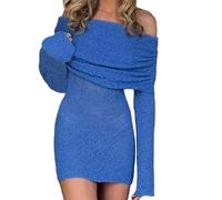 Générique Robe Pull Femme élégante pour soirée Cocktail Tenue Formelle mi-Longue à Manches Longues et épaules dénudées création Moulante et sophistiquée (Blue, L)