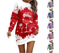 Générique Robe Pull Femme Hiver Imprimé Verre À Vin Réveillon Noel Robe Sweat sans Capuche Chaud Long Hiver Longue Sweatshirt Robes Manches Longue Robes Pulls Grande Taille Pullover Dress Costume