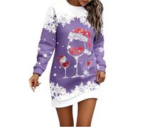 Générique Robe Pull Femme Hiver Imprimé Verre À Vin Réveillon Noel Robe Sweat sans Capuche Chaud Long Hiver Longue Sweatshirt Robes Manches Longue Robes Pulls Grande Taille Pullover Dress Costume