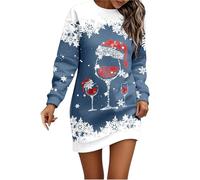 Générique Robe Pull Femme Hiver Imprimé Verre À Vin Réveillon Noel Robe Sweat sans Capuche Chaud Long Hiver Longue Sweatshirt Robes Manches Longue Robes Pulls Grande Taille Pullover Dress Costume
