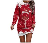 Générique Robe Pull Noël Femme Verre à Vin Imprimé Réveillon Pull Noel Femme Sweat Chaud Long Hiver Longue Sweatshirt Robes Manches Robes Pulls Grande Pullover Dress Costume (Red-D, M)
