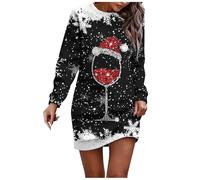 Générique Robe Pull Noël Femme Verre à Vin Imprimé Réveillon Pull Noel Femme Sweat Chaud Long Hiver Longue Sweatshirt Robes Manches Robes Pulls Grande Pullover Dress Costume (Black-D, L)