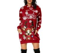 Générique Robe Pull Noël Manche Longue Top Hiver Tricoté, Sweat à Capuche Imprimé Joyeux Noël Tunique Élégante avec Poches Confortable pour Fête de Noël Réunion Familiale Soirée Cinéma Cadeau Festif