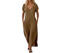 Générique Robe Quotidienne élégante sans Manches à col V avec Poches Confortable pour Femme idéale Sorties décontractées (Khaki, XL)