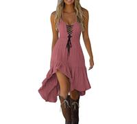 Générique Robe Retro à Col en V et Manches Courtes pour Femmes Vintage Western Country Robes Plis Décontractée Robe de Vacances Fête Y2K Gothique Jupe Deguisement Hippie Costume de Cowgirl