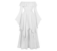 Générique Robe Rétro Médiévale Femme Avec Manches Trompette, À Longues Costume Halloween Pas Cher Deguisement Renaissance Maxi Robes Tenue Guerrière Vetement Gothique (Blanc,L)