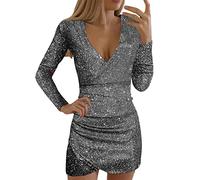 Générique Robe Sequins Femme,Robe Sexy Paillettes V-Cou Sexy Manches Longues Auto-Cultivation Robes Slim éLéGant Ladies Party Dress (Grey, L)