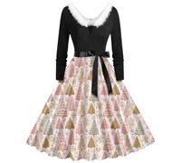 Générique Robe Soirée De Noël Sapin Évasée Festive Réveillon Tenue Féerie Rouge Et Vert Tissu Scintillant Dentelle Perles Noel Femme Chic Paillettes Dorées Renne Polaire Ceinture Satin