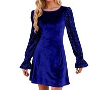 Générique Robe SoiréE Femme Chic,Robe Longue en Velours Uni à Manches Longues Et Col Rond éLéGante Et Confortable IdéAle pour Les SoiréEs Et Les FêTes (Blue, L)