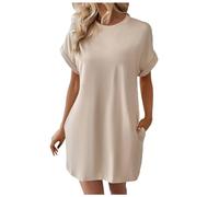 Générique Robe t-Shirt Douce Manches Courtes Femme Tunique décontractée Ample Poches été élégante Fluide légère Quotidienne Confortable Mode décontracté Essentiel Garde-Robe féminin (Beige, S)