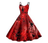 Générique Robe Tachée De Sang Halloween Femme Gothique sans Manches A Line Spaghetti Robes de Cocktail Sanglant Imprimé Horreur Halloween Robes Femmes Carnaval Robe de Soirée