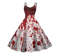 Générique Robe Tachée De Sang Halloween Femme Gothique sans Manches A Line Spaghetti Robes de Cocktail Sanglant Imprimé Horreur Halloween Robes Femmes Carnaval Robe de Soirée