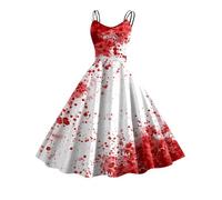 Générique Robe Tachée de Sang Halloween Femme Imprimé Sanglant sans Manches Jupe Deguisement A-Line Spaghetti Robes de Cocktail Halloween Imprimé Costume for Cosplay Costumes d'horreur