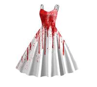 Générique Robe Tachée de Sang Halloween Femme Imprimé Sanglant sans Manches Jupe Deguisement A-Line Spaghetti Robes de Cocktail Halloween Imprimé Costume for Cosplay Costumes d'horreur
