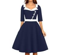 Générique Robe Vintage Année 30 Femme Pin Up Chic et Élégant Robes Cocktail Glamour Français Structurée Taille Cintrée Élégante Clasp Manches 3/4 pour Fête Soirée Mariage, Marine, L