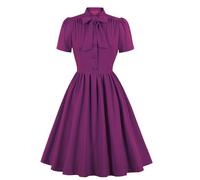Générique Robe Vintage Annee 50 Femme Pin Up Chic et Elegant Robes Soiree Princesse Français Plissée Taille Haute Simple Boutonnage Manches Courtes pour Mariage Cérémonie Fête, Violet, S