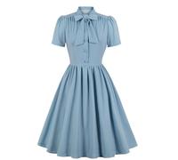 Générique Robe Vintage Annee 50 Femme Pin Up Chic et Elegant Robes Soiree Princesse Français Plissée Taille Haute Simple Boutonnage Manches Courtes pour Mariage Cérémonie Fête, Bleu Clair, L