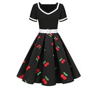 Générique Robe Vintage Annee 50 Femme Pin Up Robes Soiree Français Imprimé Cerise Trapeze Plissée Taille Haute Col V Manches Courtes pour Mariage Cocktail Fête Ceremonie, avec Ceinture, Noir, S