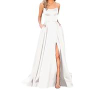 Générique Robes De Bal Dames Longues Femmes Élégantes Longues RobesCris Satin Spaghetti Robe De Bal Fente Latérale Robe De Soirée De Mariage avec Poches Robe en Pull (5-White, L)