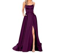 Générique Robes De Bal Dames Longues Femmes Élégantes Longues RobesCris Satin Spaghetti Robe De Bal Fente Latérale Robe De Soirée De Mariage avec Poches Robe en Pull (7-Purple, L)