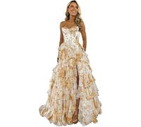 Générique Robes de Bal en Chiffon Robe de Bal à Fente avec Appliques en Dentelle Robes de soirée à Volants superposés et imprimé Floral l'or XXS