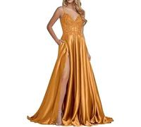 Générique Robes de Bal en Satin Robes Longues de Demoiselle d'honneur avec Appliques en Dentelle Robes de soirée Formelles à Bretelles Spaghetti et Fente l'or 4XL